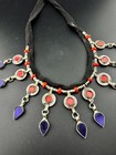 Vintage Tribal White-metal Choker Necklace Red Blue Glass  Tassels Hmong Boho