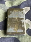 1961 Vintage Zippo Lighter - Man Bowling Strike - Two Panel - Extreme Patina