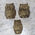 3 Vintage Cast Metal Owl Wall Hanging Plaque Antique Gold Painted Three Sizes