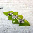 Vintage Art Deco Brooch Pin Silver Tone Green Carved Bakelite Lucite Rhinestone