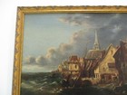 Antique Mystery Painting Coastal Ship Port Workers Industrial Boat Port Marina 