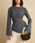 Women Striped Long Sleeve Blouse Round Neck Irregular Hem Waist   tie Shirt Top