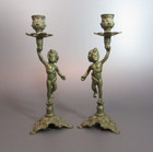 Vintage Solid Brass Candlesticks Holders Cherub 10  Boy Figures Set Of Two