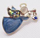 Vintage Angel Lapel Pin Silver Tone Trumpet Charm Blue Swirl Robe Rhinestones