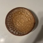 Vintage Small Woven Wicker Basket Tan And Maroon Trinket Basket