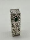 Vintage Floral Etched Silver 800 Green Jade Gemstone Lipstick Holder case Mirror