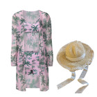 Pink Palm - Leaf Printed Swimsuit Three - Piece Set With Straw Sun Hat