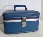 Vintage Blue Hard Train Makeup Case With Key Luggage 1960 s Traveling Bag Retro