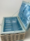 Vintage Wicker Woven Sewing Basket Blue White Satin Interior