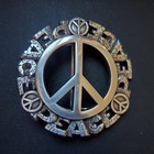 Peace Sign Belt Buckle Silver Tone Round Distressed Text Retro Boho Hippie