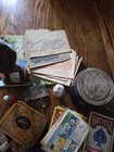 Estate Vtg Antique Junk Drawer Lot Swatch Knife Coins Jewelry Glass Bottle Zippo