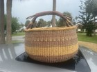 Large Handwoven Ghana Bolga Market Basket   Leather Handle   Boho Cottage Decor