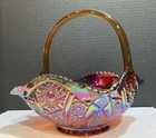 Vintage Carnival Glass Iridescent Sunset Red Basket Heirloom Decor
