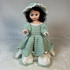 Vtg Handmade Crocheted Bed Pillow Doll Green White Double Skirt 17  Wide
