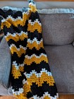 Handmade Crochet Afghan Throw Retro Boho 50 x34  Black Gold White Cozy Cottage