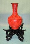 Vintage Chinese Cinnabar Red Carved Lacquer Vase With Wooden Stand     Landscape D