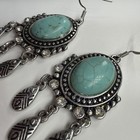 Silver Tone Turquoise Oval Dangle Drop Earrings Hook Clear Crystal Charms