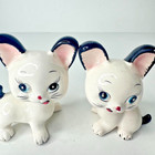 2 Vintage Adorable Ceramic Cat Kitty Figurines White Black Eyes Japan