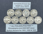 Complete Full Date Buffalo Nickels Set Of 9 Coins 1926p-1937p   Sharp Set 