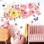 Watercolor Peony Wall Decals Spring Floral Wall Stickers Decals Pink Yellow