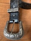 Vintage Western Tooled Leather Belt Ornate Silver Tone Buckle Accents 34-38 M f
