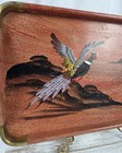Vtg Mcm Hand Painted Pheasant Scene Brass Details Japanese Wooden Serving Tray