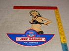 Vintage Jeep Full Service Garage Woman Metal Enamel Car Gasoline Oil Willys Sign