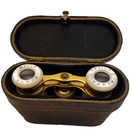 Antique Lefils Paris Mother Of Pearl Brass Opera Glasses   Leather Case