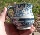 1890s Antique Blue Band Spongeware Pottery Shaving Mug Ovoid Shape Mug Scarce