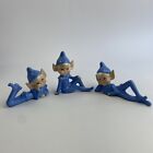 Vintage Ceramic Pixie Elf Figurine Knee Up Pointed Ears Mcm Decor Blue Lot Of 3