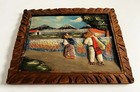 1930s 1940s Mexican Folk Art Relief Wood Man Woman Volcanoes Wall Plaque Panel