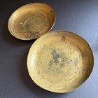 Antique Pair Primitive Hammered Brass Balance Scale Pans Trays Round Rustic 7   