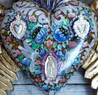 Heart Gold Wings Guadalupe Milagros Hand Painted Wood Handmade Mexican Folk Art
