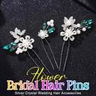 3 Pcs Green Flower Bride Wedding Hair Pins Silver Pearl Crystal Accessories